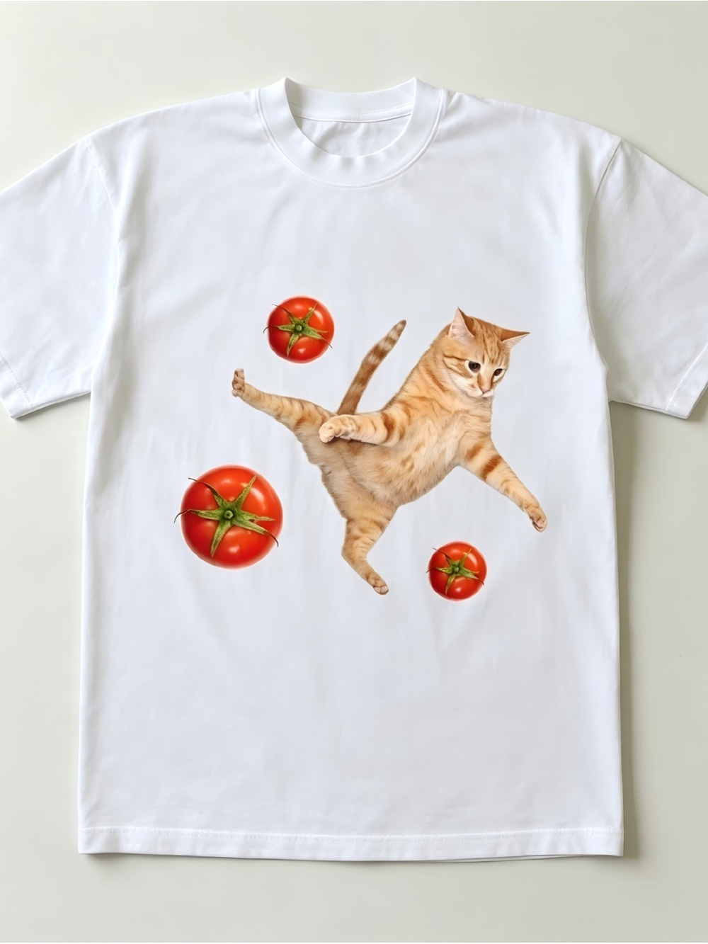 White Graphic Tee with Orange Tabby Cat and Tomato Design T-shirt Unisex